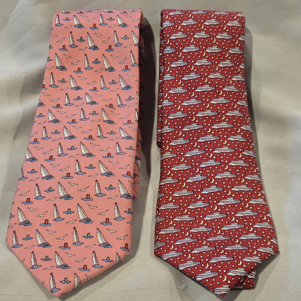 Vineyard Vines Martha's Vineyard Silk Ties Set Of 2. Red And Pink. Sailing Theme